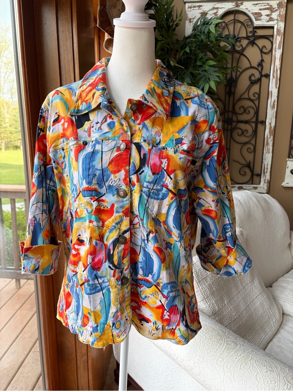 Kaktus Women’s Sz 1X Blue Red Orange Multicolor Cotton Jacket Wearable Art